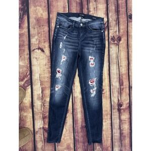 Judy Blue Girls Skinny Dark Wash Distressed Blue Jeans Button Closure